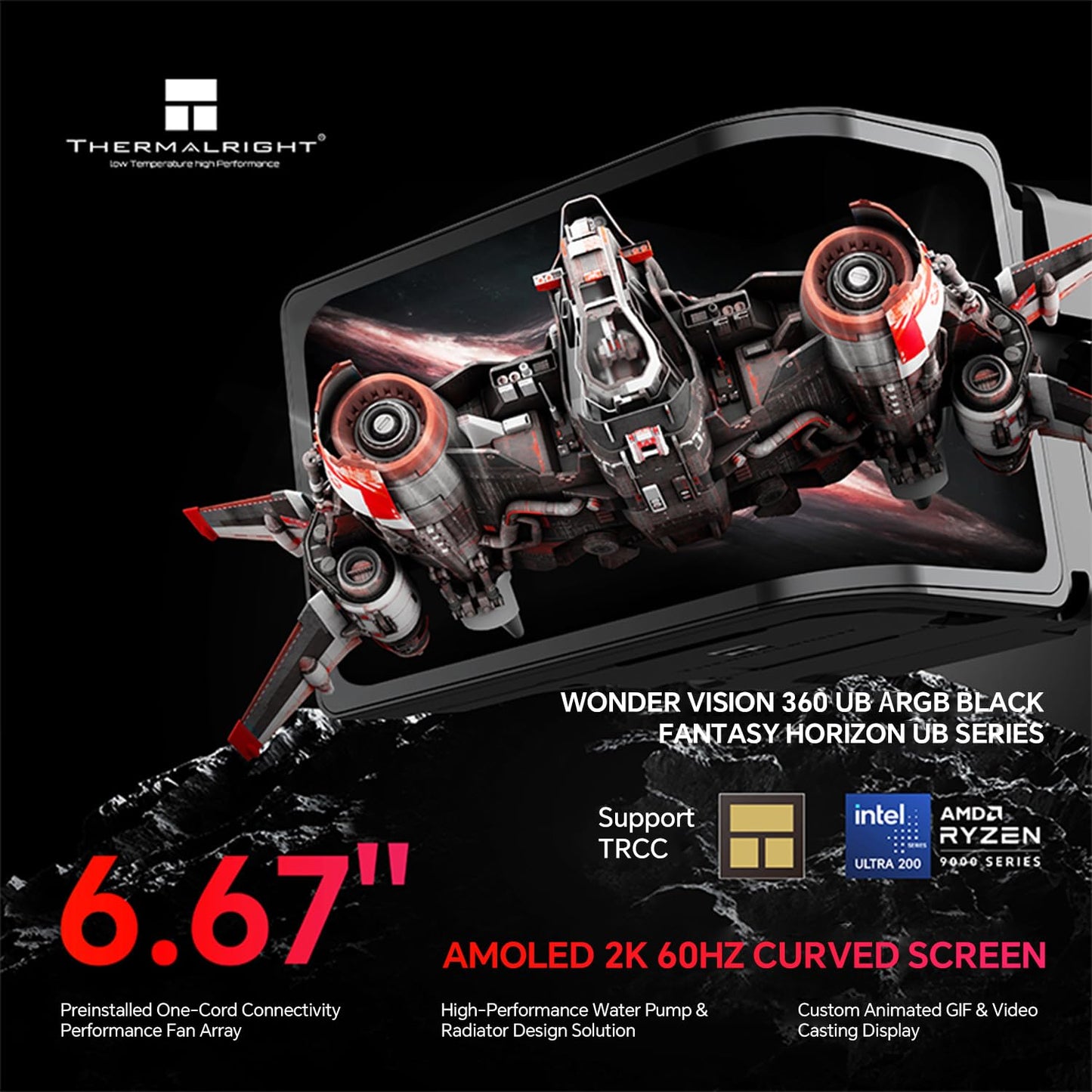 Thermalright Wonder Vision 360 UB ARGB Black CPU AIO Cooler,360mm Radiator, 2K 60HZ Curved Screen 3D with 2400x1080 Resolution,for AM4/AM5,Intel LGA1851/1700,6.67in 3D Screen High Performance Pump