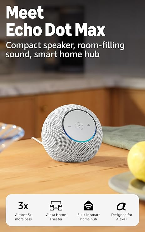 Amazon Echo Dot Max (Newest Model) – Alexa Smart Speaker with Room-Filling Sound, 3x Bass, Built-in Smart Home Hub & Alexa+ (Glacier White)