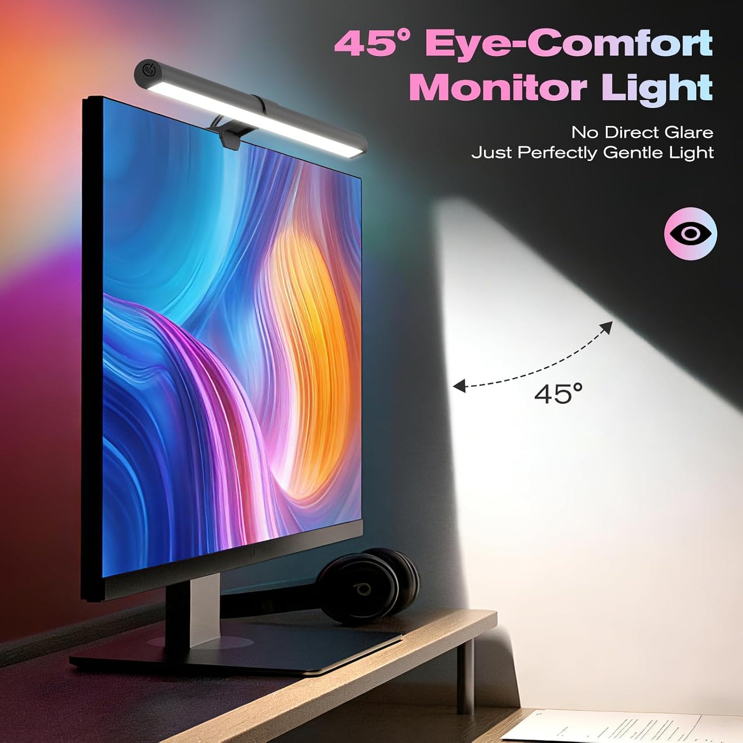 RGB Monitor Light Bar for Curved & Flat Screens, Eye-Care LED Screen Lamp with 9 Modes & Dimmable Frontlight