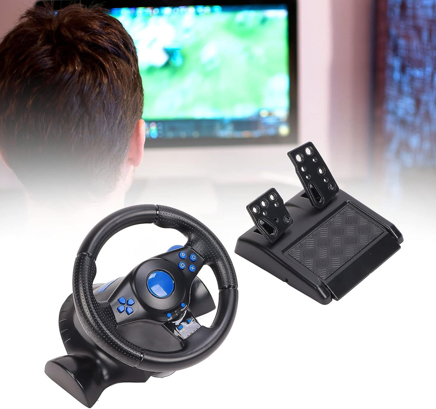 Game Steering Wheel, Vibration 180° Rotation Control Buttons Plug and Play Realistic USB Game Steering Wheel with Pedal