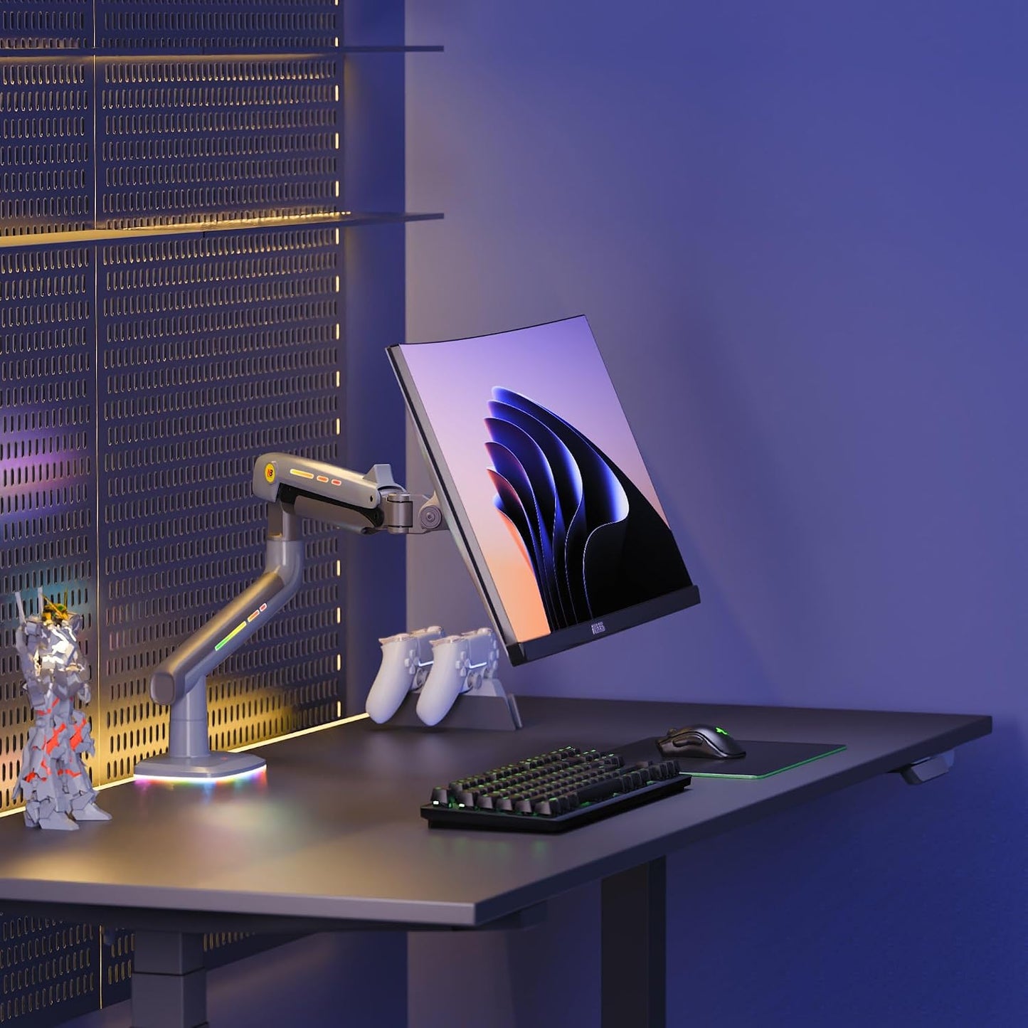 NB Gaming Monitor Arm or for 32 to 60 Inches Screen, Load up to 20 kg, VESA 75/100, RGB-Light, Heavy Duty, Multi Angle Adjustable, Premium Aluminum, Lake Blue