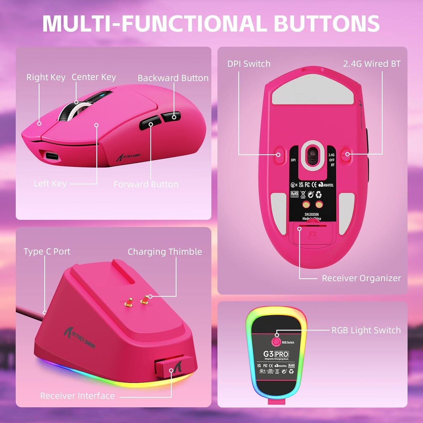 ATTACK SHARK G3PRO Wireless Gaming Mouse with Magnetic Charging Dock, PixArt PAW3311 Sensor, Up to 25000 DPI, BT/2.4Ghz/Wired, 100M Clicks, 500mAh, 59g SUPERLIGHT Mice for Win11/Xbox/PS/Mac -BerryRed