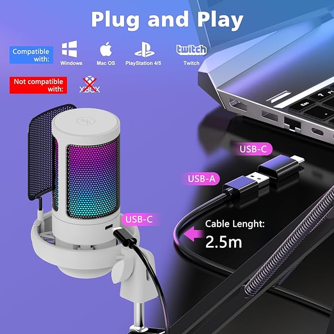 PC USB Gaming Microphone, Podcast Condenser Mic with Boom Arm, Pop Filter, Mute Button for Streaming, Online Chat, RGB Computer Mic for PS4/5 PC Gamer Youtuber(White)