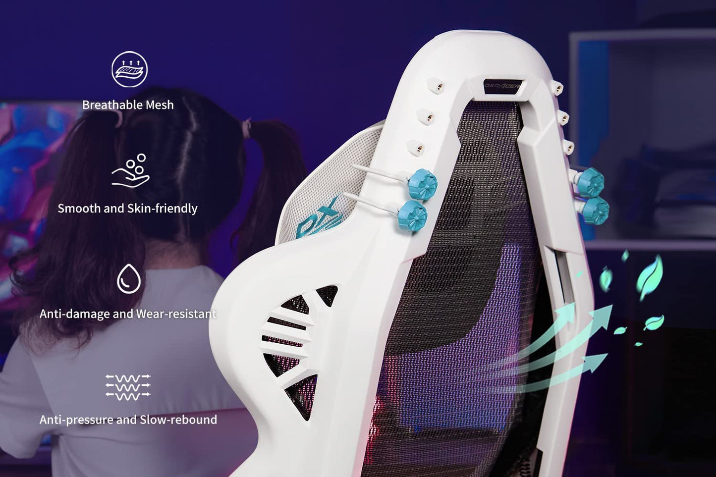 DXRacer Air Gaming Chair, Ultra-Breathable Mesh, 4D Armrests -White and Cyan (Pro)R15-WQ-G-B3