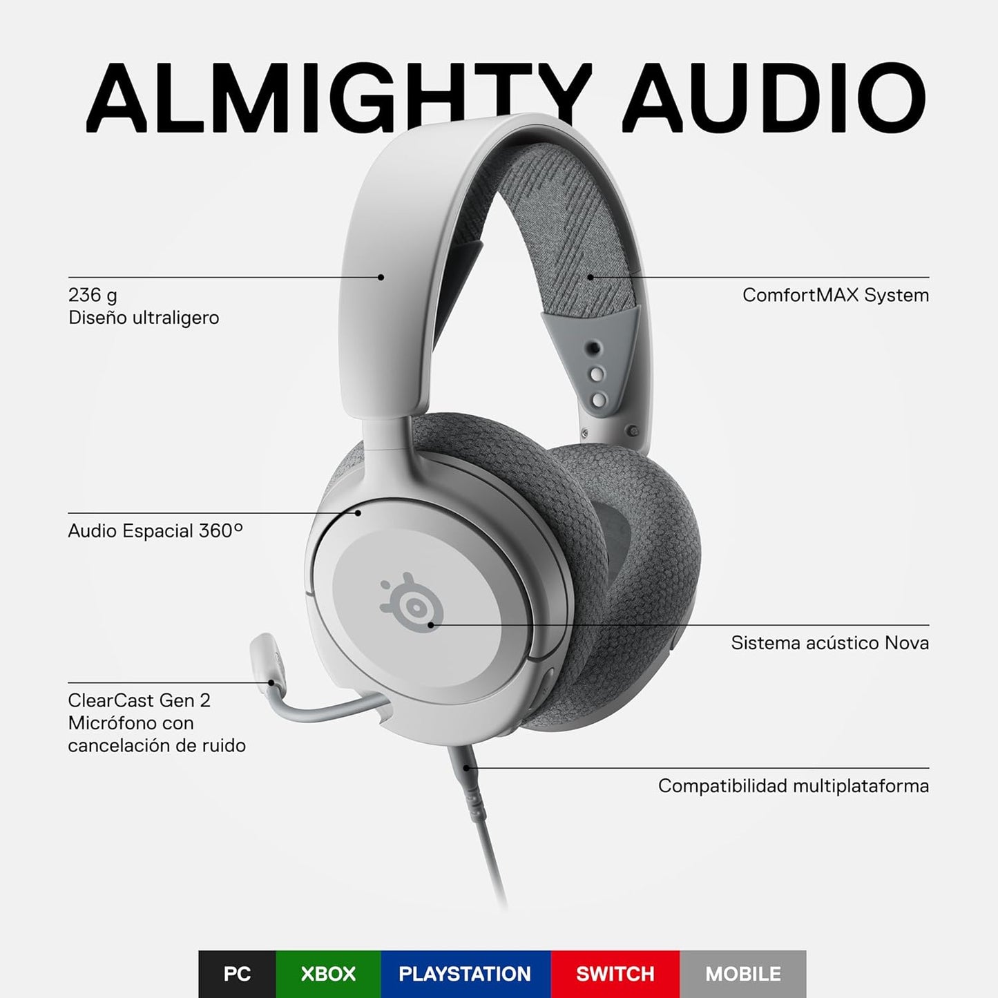 SteelSeries Arctis Nova 1 Multi-System Gaming Headset — Hi-Fi Drivers — 360° Spatial Audio — Comfort Design — Durable — Ultra Lightweight — Noise-Cancelling Mic — PC, PS5/PS4, Switch, Xbox - White