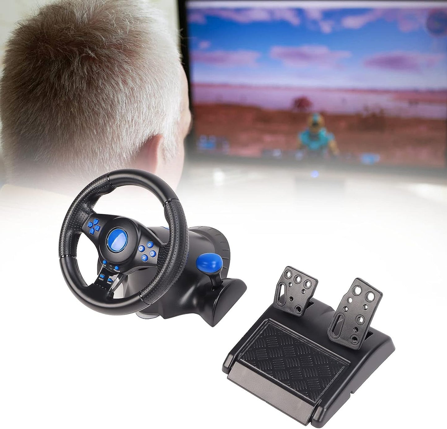 Game Steering Wheel, Vibration 180° Rotation Control Buttons Plug and Play Realistic USB Game Steering Wheel with Pedal