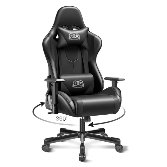 OneGame Gaming Chair Ergonomic, Racing Style PU Leather Game Chair, Adjustable Backrest Swivel Ergonomic Gamer Chair with Lumbar Support, Black