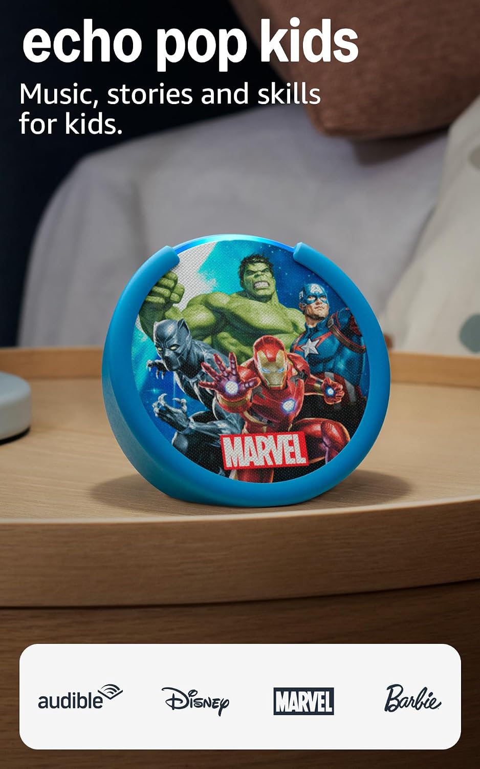Amazon Echo Pop Kids (Newest Model) – Marvel Avengers Design, Age-Appropriate Audiobooks, Sleep Routines & Alexa+ Learning Experiences