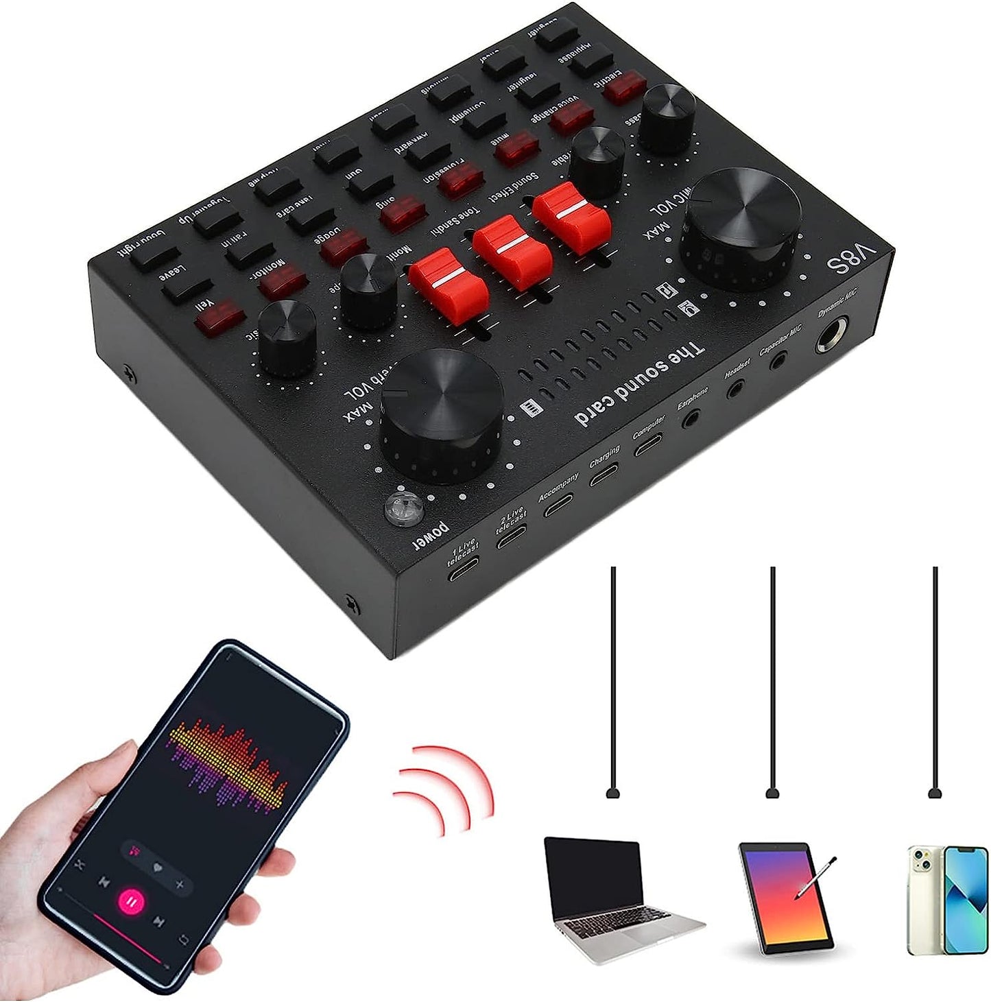 Live Sound Card, 16 Sound Effects V8S Voice Changer Sound Card Wireless Connection, 8 Fun Modes, Sound Mixer Board for Karaoke, Light Design (Black)