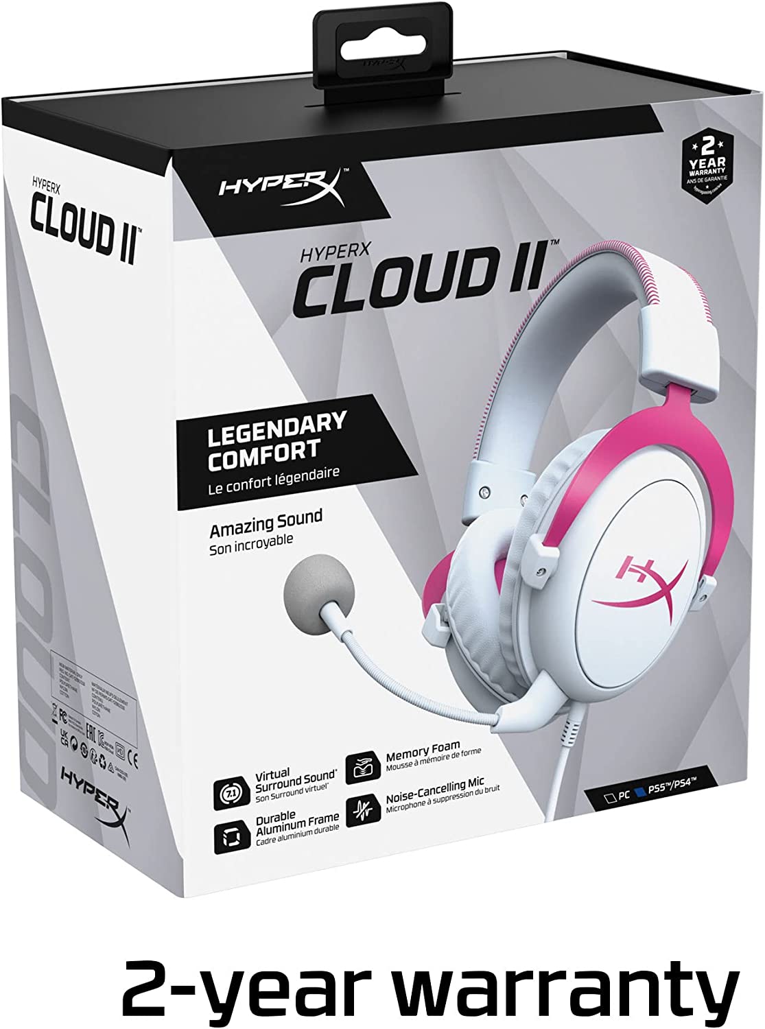 HyperX Cloud II - Gaming Headset, 7.1 Virtual Surround Sound, Memory Foam Ear Pads, Durable Aluminum Frame, Detachable Microphone, Works with PC, PS5, PS4 – White/Pink - Games Corner