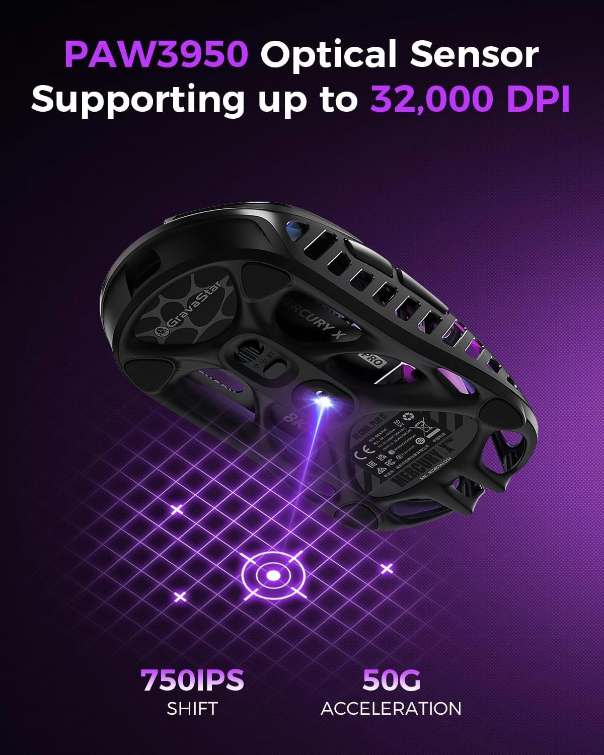 GravaStar Mercury X Pro Wireless Gaming Mouse, Come with 8K Dongle – 32,000 DPI PAW 3950 Sensor, 8,000Hz Polling Rate, Only 49g, Magnesium Alloy Hollow Frame, RGB Lighting, 5 Programmable Buttons