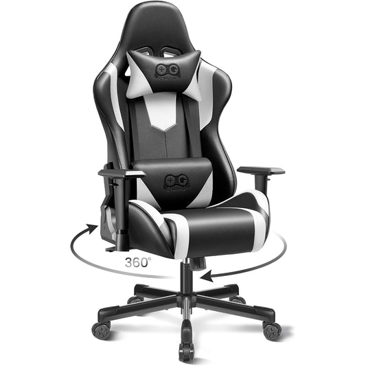 OneGame Gaming Chair, High Back Computer Leather Game Chair 155°Adjustable Backrest Swivel Ergonomic Office Gamer Chair with Lumbar Support-White&Black