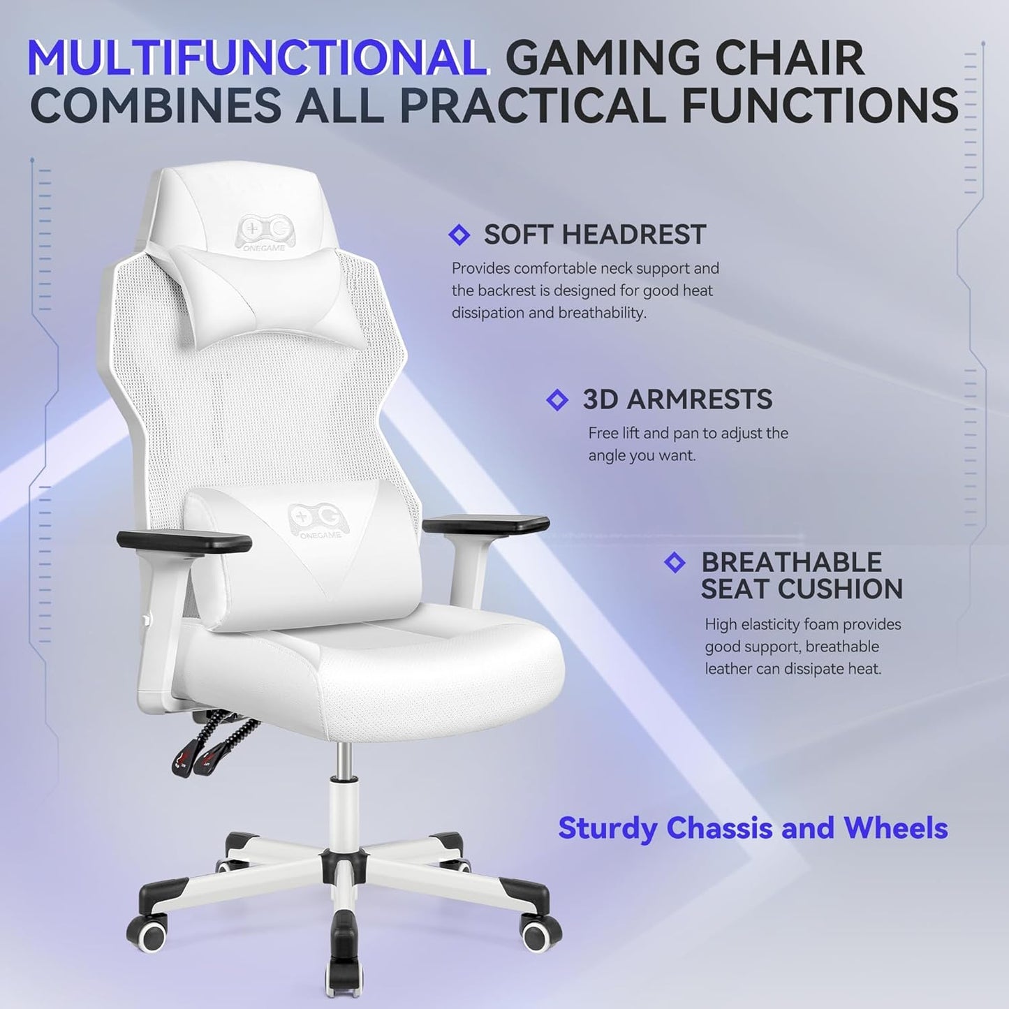 OneGame Video Gaming Chair, Breathable Swivel Chair Adjustable Backrest Ergonomic PC with Lumbar Support, White
