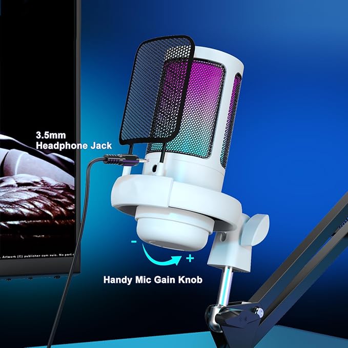PC USB Gaming Microphone, Podcast Condenser Mic with Boom Arm, Pop Filter, Mute Button for Streaming, Online Chat, RGB Computer Mic for PS4/5 PC Gamer Youtuber(White)