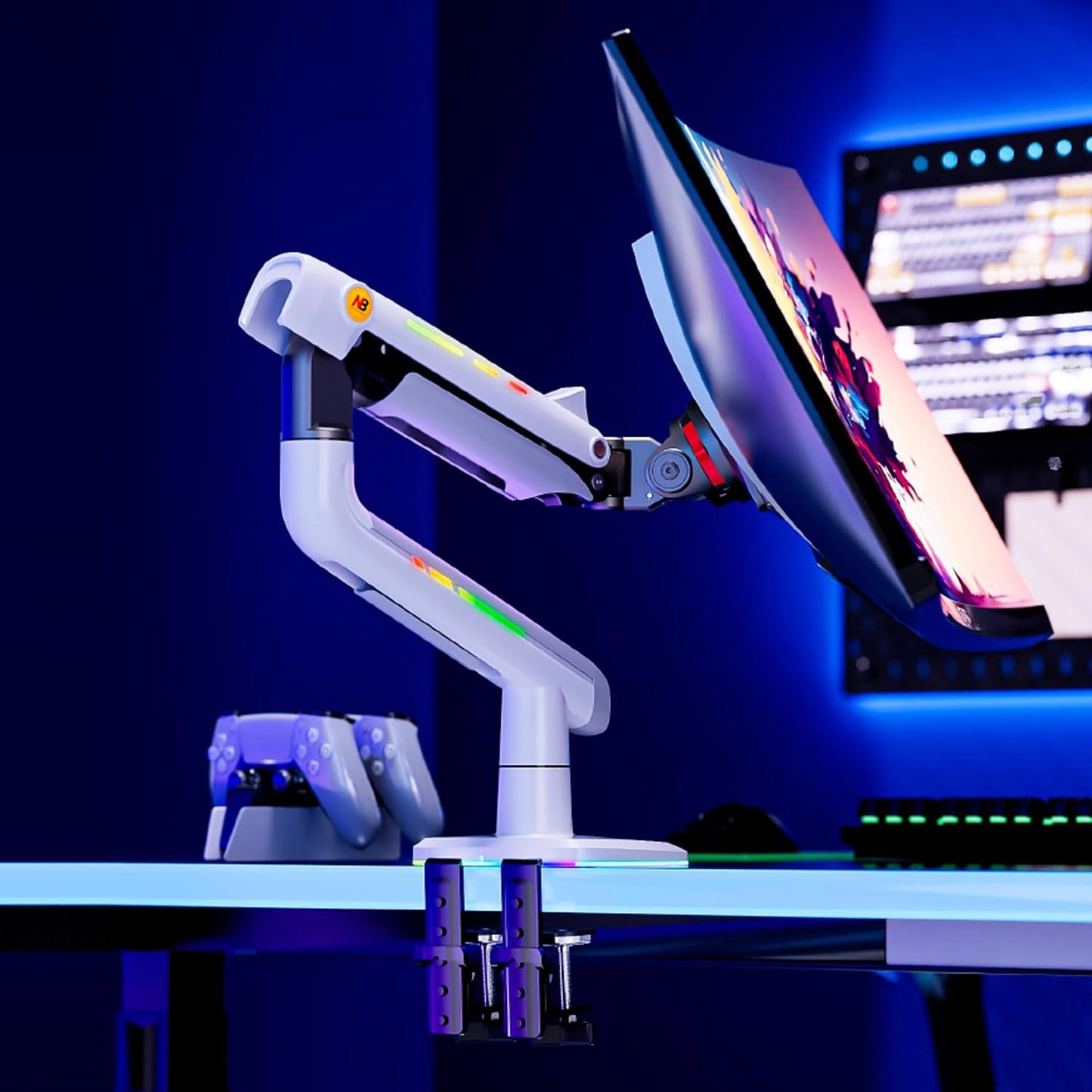 NB ERGONOMIC F5 Gaming Monitor Arm for 32–60 Inch Screens, Heavy Duty 20kg Monitor Stand, VESA 75x75/100x100, RGB Gaming Light, Full Motion Adjustable Arm, Premium Aluminum, White