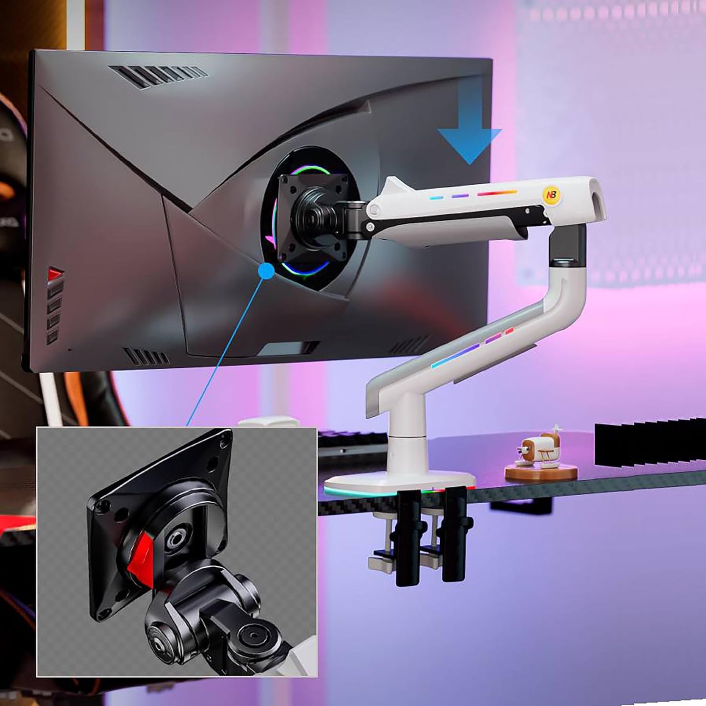 NB ERGONOMIC F5 Gaming Monitor Arm for 32–60 Inch Screens, Heavy Duty 20kg Monitor Stand, VESA 75x75/100x100, RGB Gaming Light, Full Motion Adjustable Arm, Premium Aluminum, White