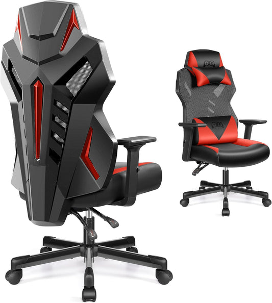 OneGame Video Gaming Chair, Breathable Computer Racing Style Swivel Chair, Adjustable Backrest, Ergonomic Gamer Desk Chair with Lumbar Support, Black Red