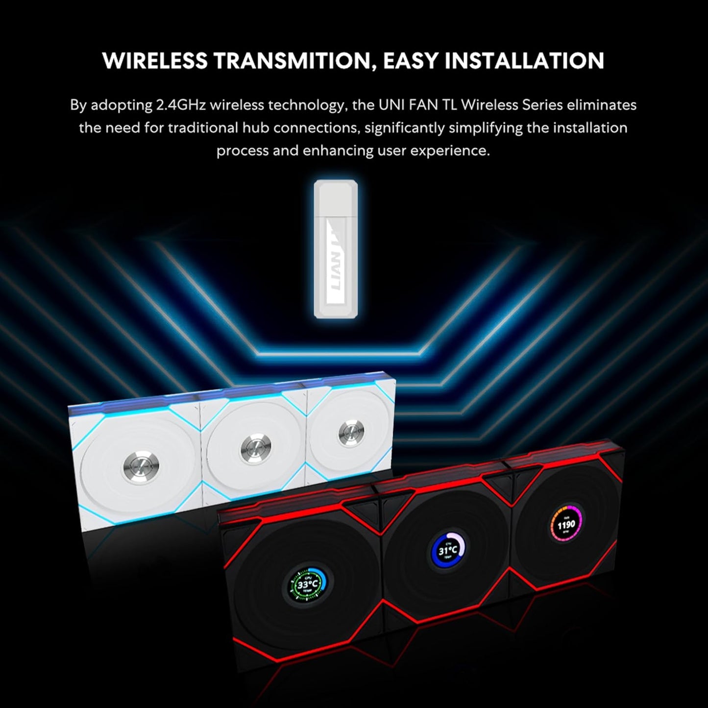 Lian Li UNI Fan TL - LCD Wireless 120 - Triple Pack - 2.4 GHz Signal for RGB & Fan Control - Infinity Mirror Design - LCD Display - Controller Included and Required - Black (12TLLCD13B)