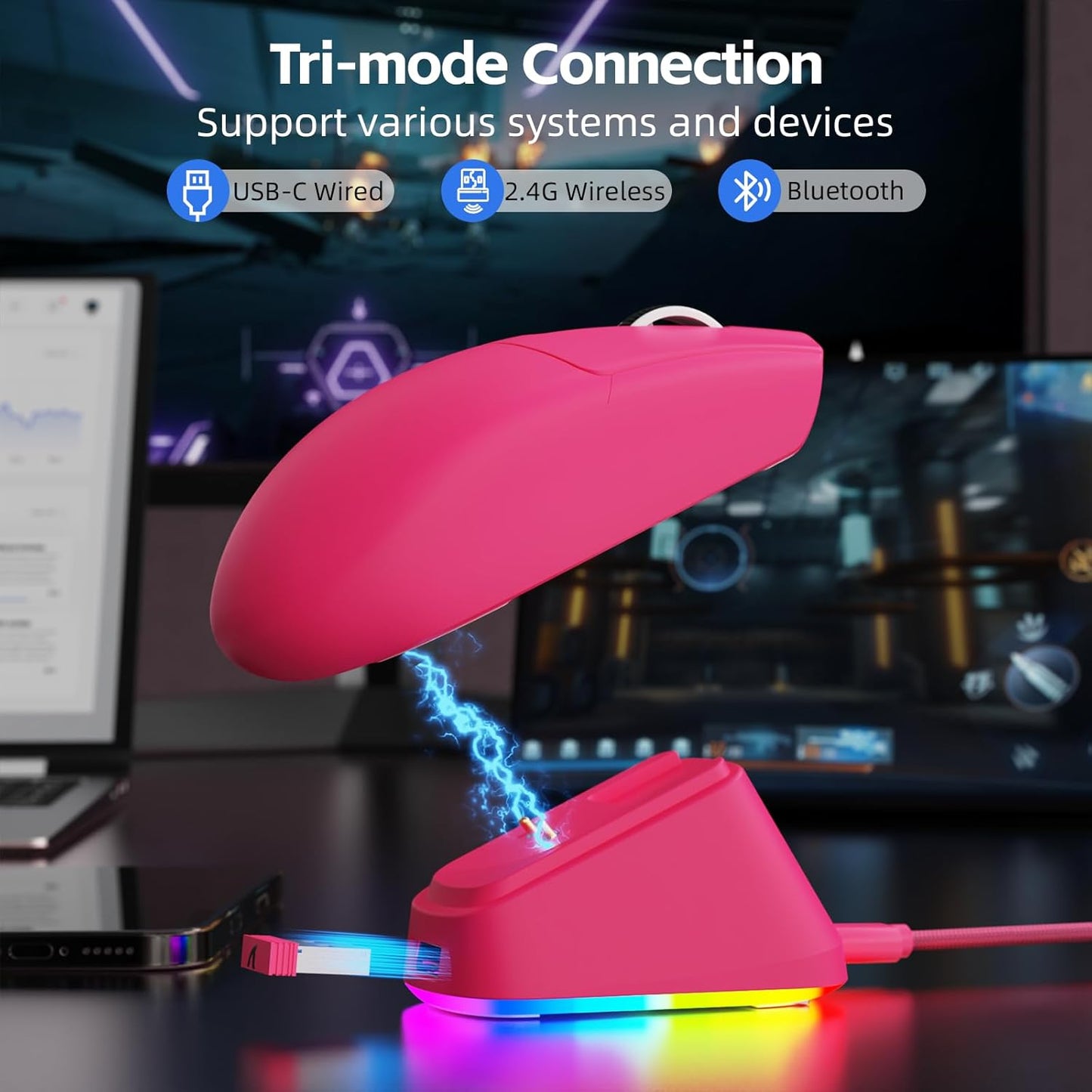 ATTACK SHARK G3PRO Wireless Gaming Mouse with Magnetic Charging Dock, PixArt PAW3311 Sensor, Up to 25000 DPI, BT/2.4Ghz/Wired, 100M Clicks, 500mAh, 59g SUPERLIGHT Mice for Win11/Xbox/PS/Mac -BerryRed