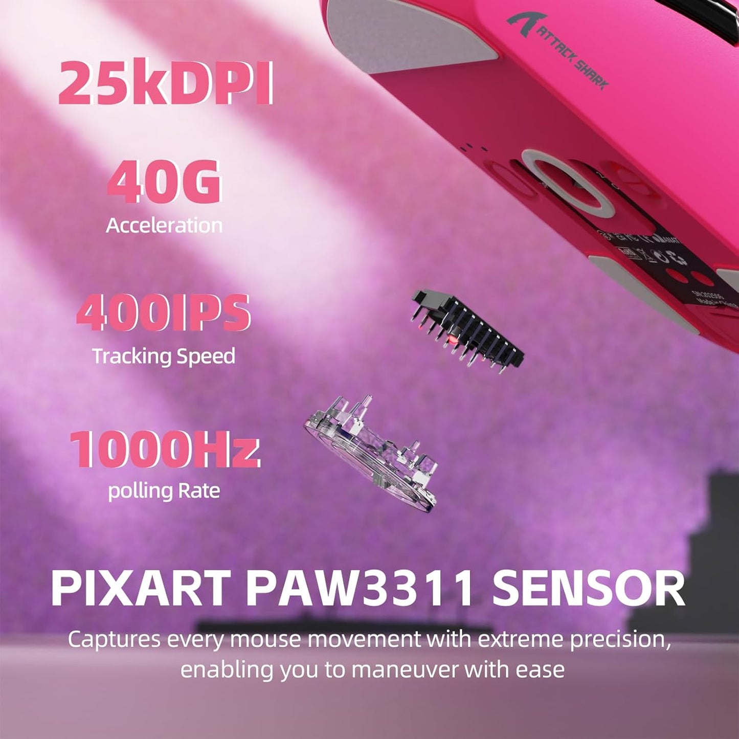 ATTACK SHARK G3PRO Wireless Gaming Mouse with Magnetic Charging Dock, PixArt PAW3311 Sensor, Up to 25000 DPI, BT/2.4Ghz/Wired, 100M Clicks, 500mAh, 59g SUPERLIGHT Mice for Win11/Xbox/PS/Mac -BerryRed