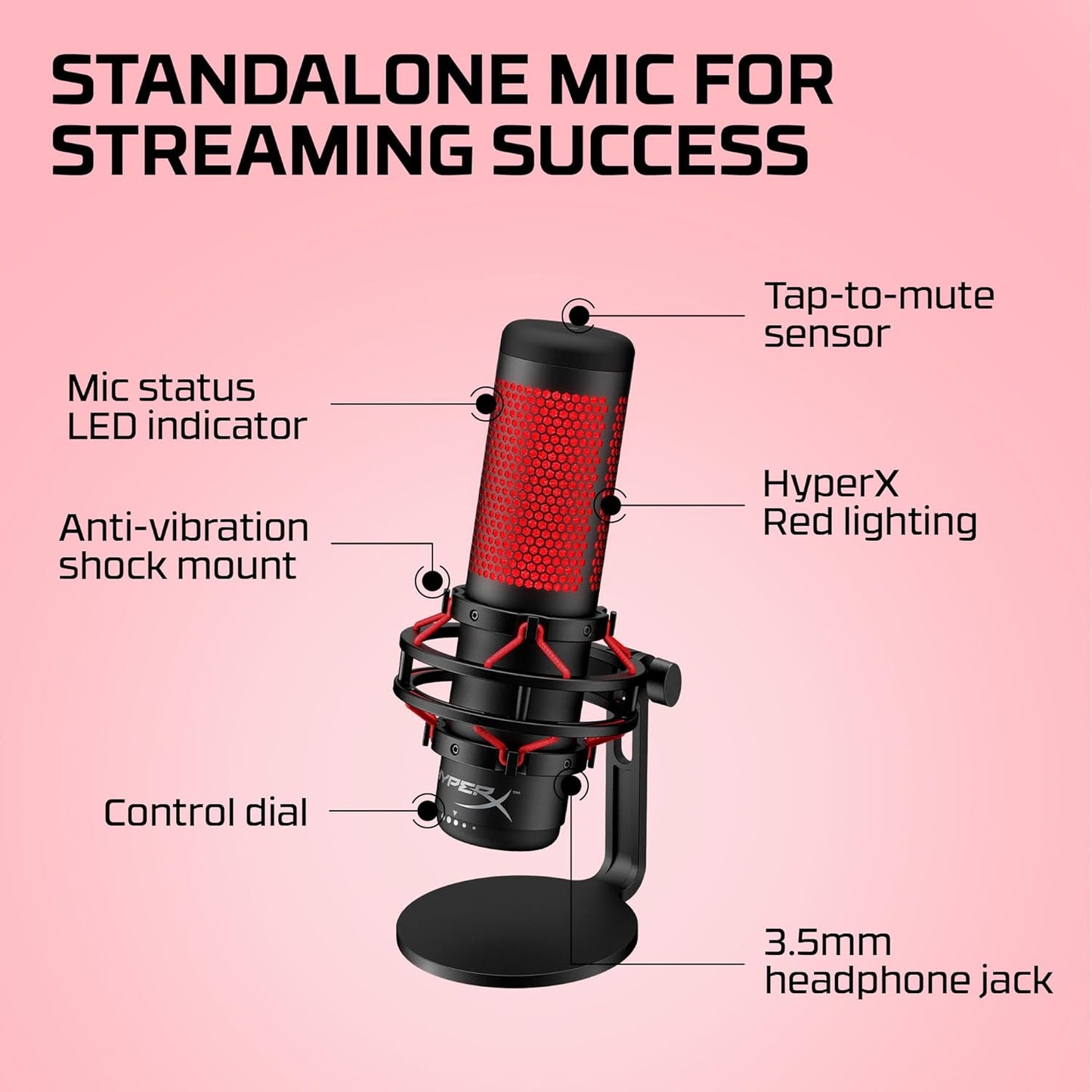 HyperX QuadCast - USB Condenser Gaming Microphone, for PC, PS4, PS5 and Mac, Anti-Vibration Shock Mount, Four Polar Patterns, Pop Filter, Gain Control, Podcasts, Twitch, YouTube, Discord, Red LED