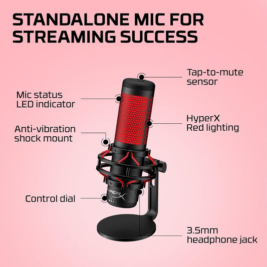 HyperX QuadCast - USB Condenser Gaming Microphone, for PC, PS4, PS5 and Mac, Anti-Vibration Shock Mount, Four Polar Patterns, Pop Filter, Gain Control, Podcasts, Twitch, YouTube, Discord, Red LED Games Corner 