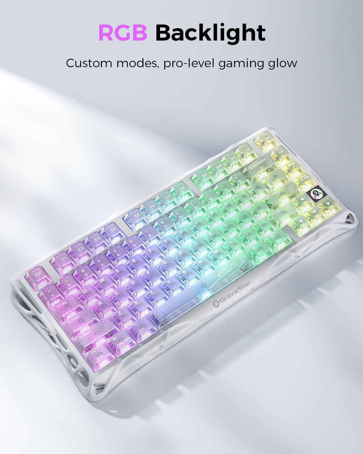 GravaStar Mercury K1 Lite 75% Gaming Keyboard, 80 Keys, Hot-Swappable, RGB Lighting, Full N-Key Rollover, Programmable Keys, Tri-Mode Connectivity, 4000mAh Battery, Crystal Aurora | GS K1 LITE_XTAL_AUROA