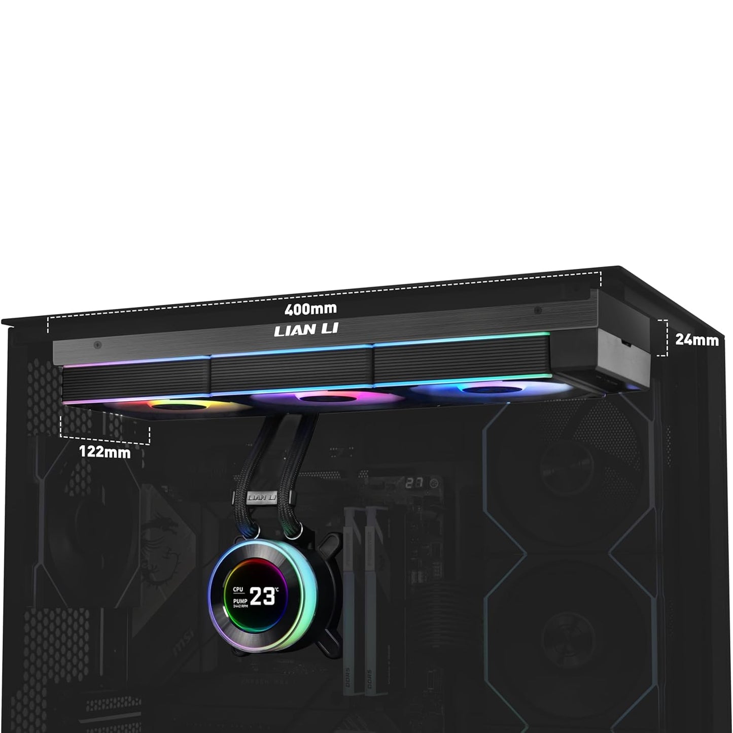 Lian-Li Hydroshift II LCD-C 360CL Liquid CPU Cooler, 2.1" IPS Display, 2600 RPM Fan Speed, 72 CFM Fan Airflow, 2500 RPM Pump Speed, Aluminum Alloy Radiator Material, Black.