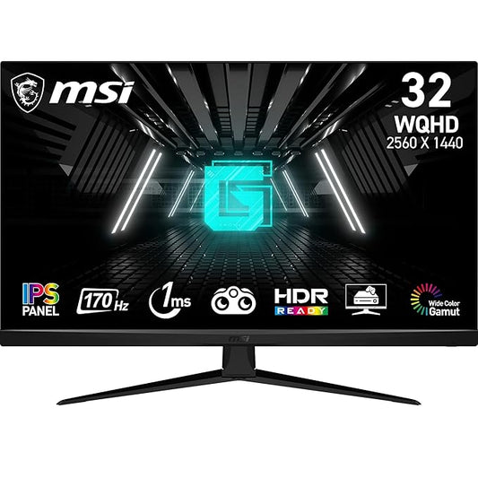 MSI G321Q 32 Inch WQHD Gaming Monitor - 2560 x 1440 IPS Panel, 170 Hz / 1ms, 123% sRGB Colour Gamut, HDR Ready, Tilt-Adjustable Stand - DP 1.2a, HDMI 2.0b