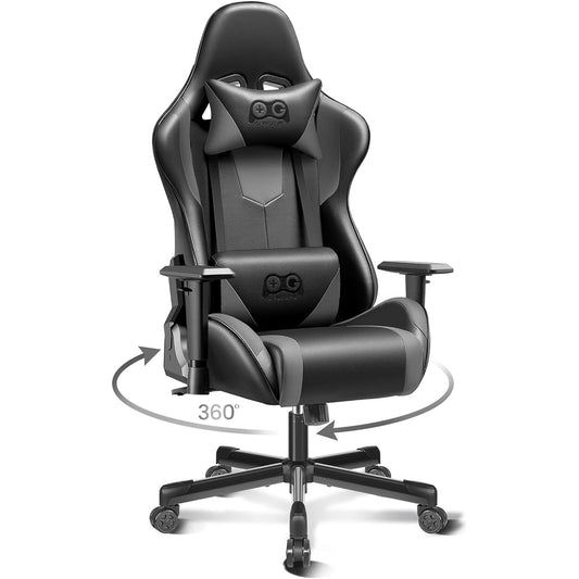 OneGame Gaming Chair Ergonomic, Racing Style PU Leather Game Chair, Adjustable Backrest Swivel Ergonomic Gamer Chair with Lumbar Support, Black&gray