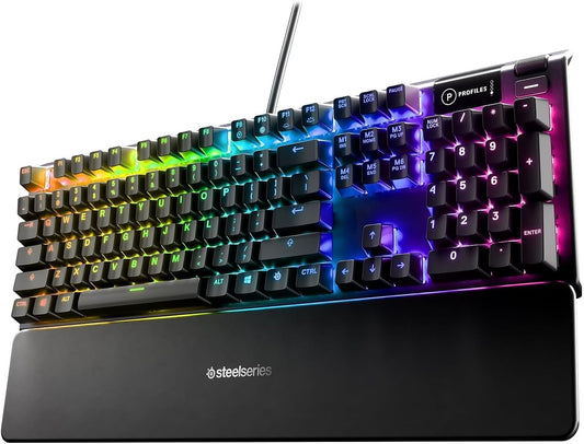 SteelSeries USB Apex 5 Hybrid Mechanical Gaming Keyboard – Per-Key RGB Illumination – Aircraft Grade Aluminum Alloy Frame – OLED Smart Display (Hybrid Blue Switch)-GC