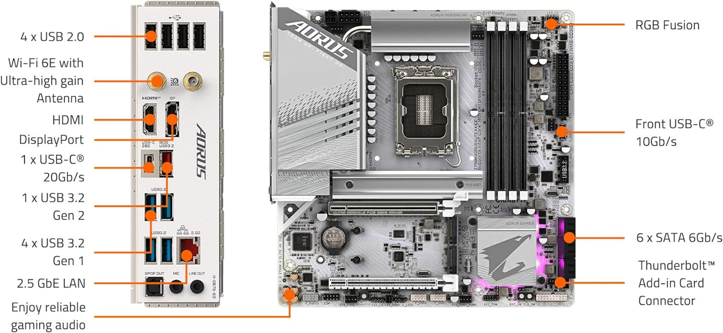 GIGABYTE Z790M AORUS Elite AX ICE LGA 1700 Intel Z790 M-ATX Motherboard with DDR5, Triple M.2, PCIe 5.0, USB 3.2 Gen2X2 Type-C, Intel Wi-Fi 6E, 2.5GbE LAN, Q-Flash Plus, EZ-Latch Plus-GC