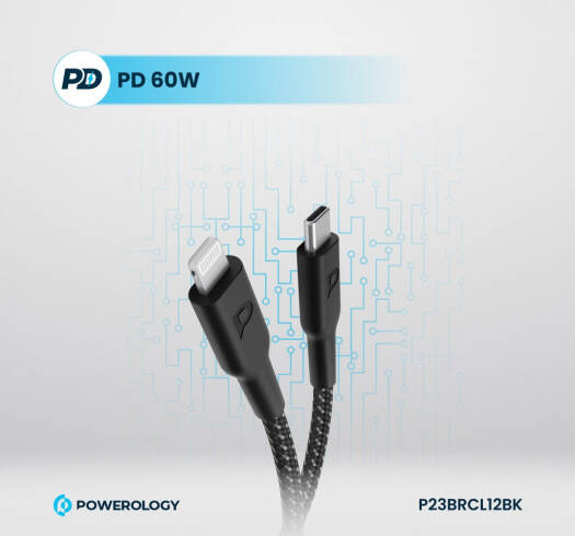 Powerology New Braided Type-C to Lightning Cable, 1.2M Length, PD 60W, 30000+ Bends, Fast Charging, P23BRCL12BK
