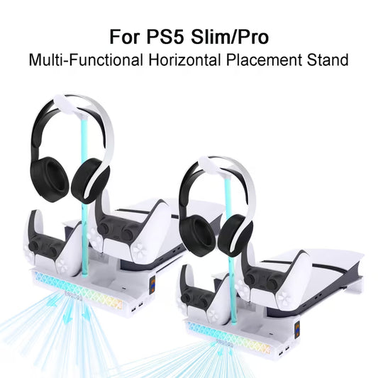 Charging Station with Dual Controller Dock – Quiet Dual-Speed Fan, RGB Lighting, Horizontal Stand & Headset Holder for PS5 Slim/Pro Cooling &  PS5 Disc & Digital Editions Games Corner 