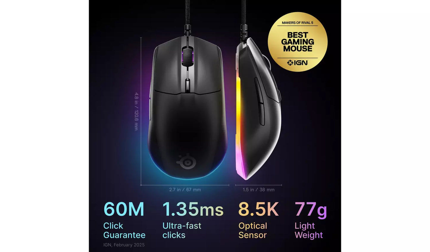 SteelSeries Rival 3 Gen 2 Wired Gaming Mouse - Black