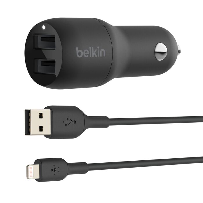Dual USB-A Car Charger 24W + USB-A to Lightning Cable, CCD001bt1MBK
