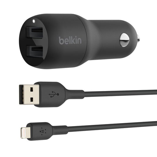 Belkin Dual USB-A Car Charger 24W + USB-A to Lightning Cable, CCD001bt1MBK