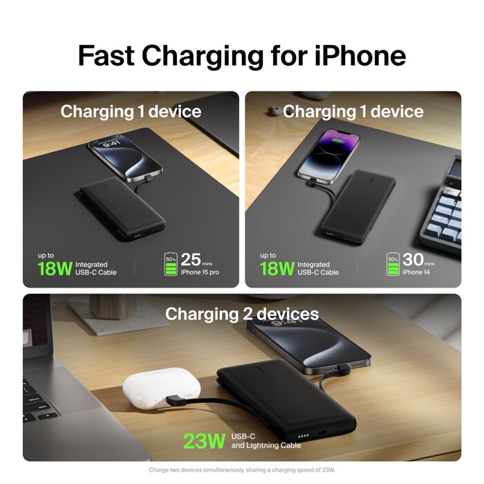 Belkin Boost Charge Plus 10K Portable Charger Power Bank, 10,000 mAh with Integrated Lightning (MFI) and Integrated USB-C Cables and Additional USB-C Charging Port - Black