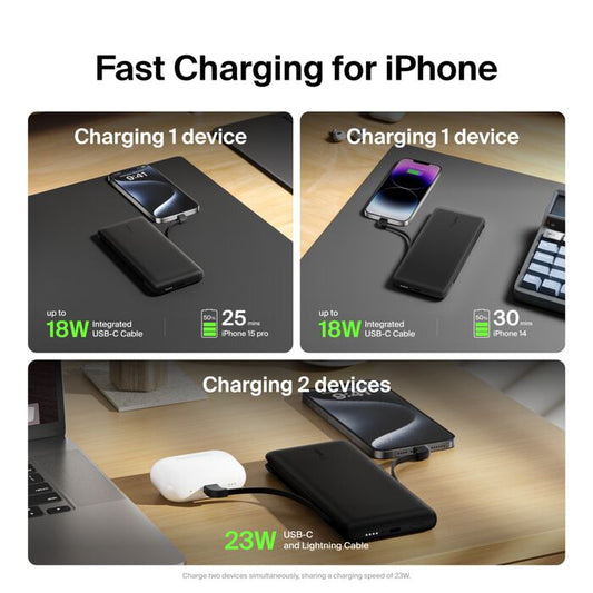 Belkin Boost Charge Plus 10K Portable Charger Power Bank, 10,000 mAh with Integrated Lightning (MFI) and Integrated USB-C Cables and Additional USB-C Charging Port - Black Games Corner 