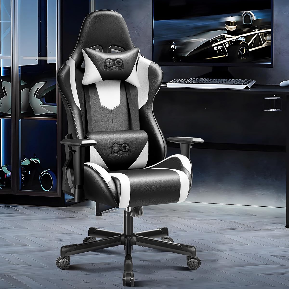 OneGame Gaming Chair, High Back Computer Leather Game Chair 155°Adjustable Backrest Swivel Ergonomic Office Gamer Chair with Lumbar Support-White&Black