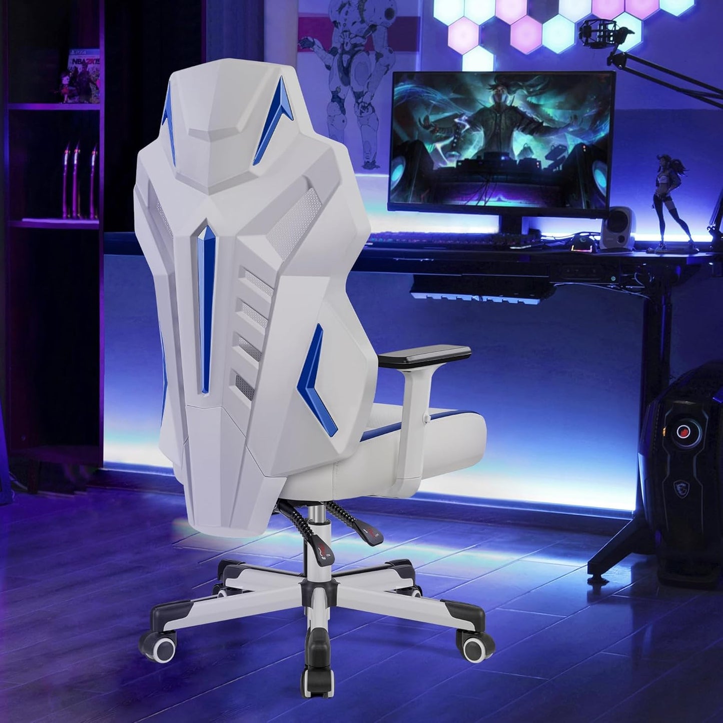 OneGame Ergonomic Gaming Chair – Racing Style PC Chair with Lumbar Support & Adjustable Backrest, White & Blue