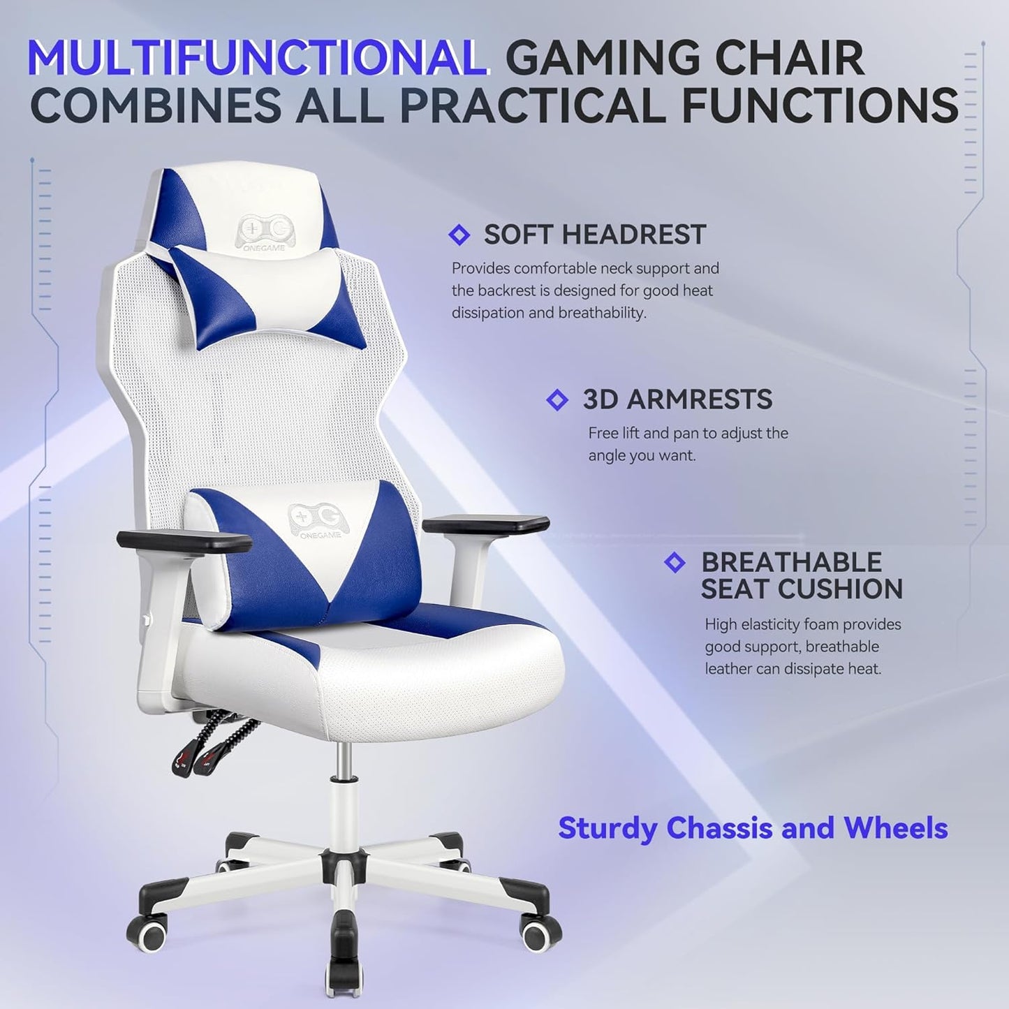 OneGame Ergonomic Gaming Chair – Racing Style PC Chair with Lumbar Support & Adjustable Backrest, White & Blue