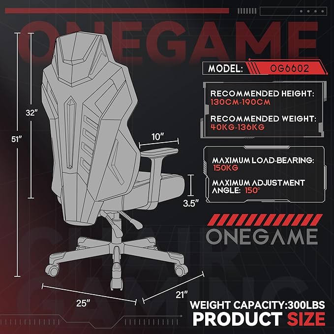 OneGame Video Gaming Chair, Breathable Computer Racing Style Swivel Chair, Adjustable Backrest, Ergonomic Gamer Desk Chair with Lumbar Support, Black Red
