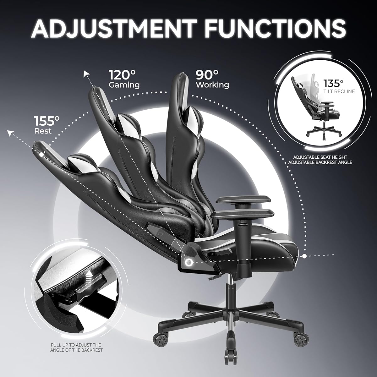 OneGame Gaming Chair, High Back Computer Leather Game Chair 155°Adjustable Backrest Swivel Ergonomic Office Gamer Chair with Lumbar Support-White&Black