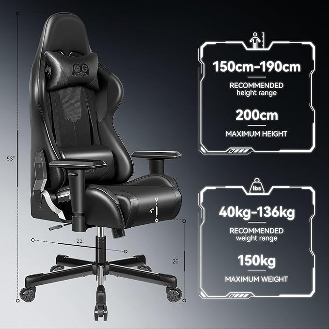 OneGame Gaming Chair Ergonomic, Racing Style PU Leather Game Chair, Adjustable Backrest Swivel Ergonomic Gamer Chair with Lumbar Support, Black