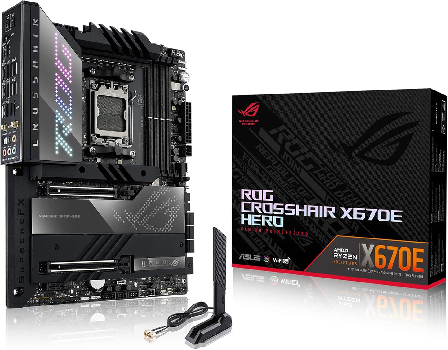 Asus ROG Crosshair X670E Hero AMD X670 AM5 Ryzen™ Desktop 9000 8000 & 7000 ATX Motherboard, 18 + 2 Power Stages, PCIe® 5.0, DDR5, 5X M.2 Slots, USB 3.2 Gen 2x2 with Quick Charge 4+, USB4®, Wi-Fi 6E