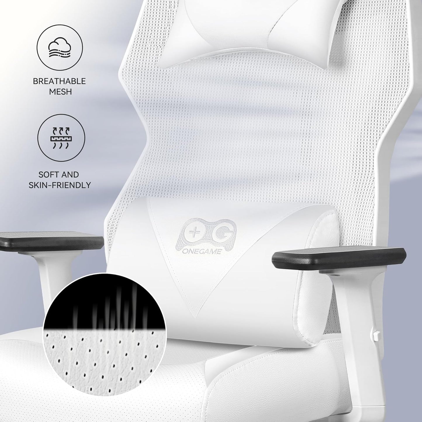 OneGame Video Gaming Chair, Breathable Swivel Chair Adjustable Backrest Ergonomic PC with Lumbar Support, White