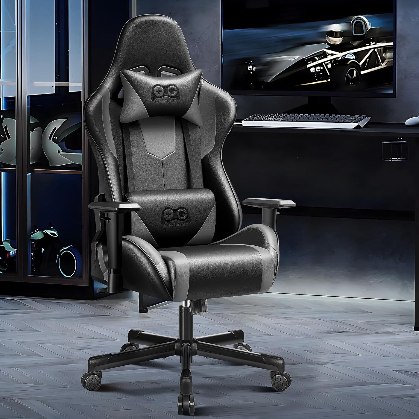 OneGame Gaming Chair Ergonomic, Racing Style PU Leather Game Chair, Adjustable Backrest Swivel Ergonomic Gamer Chair with Lumbar Support, Black&gray