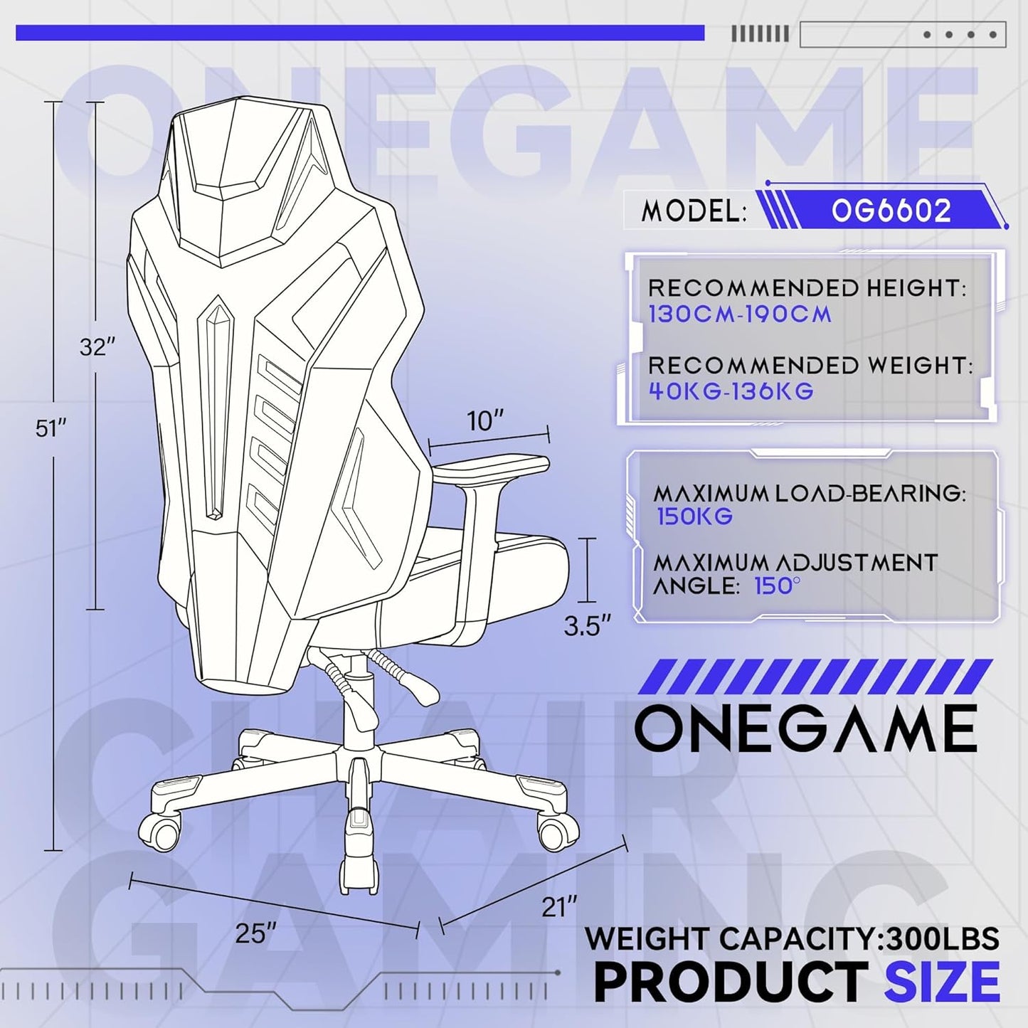 OneGame Ergonomic Gaming Chair – Racing Style PC Chair with Lumbar Support & Adjustable Backrest, White & Blue