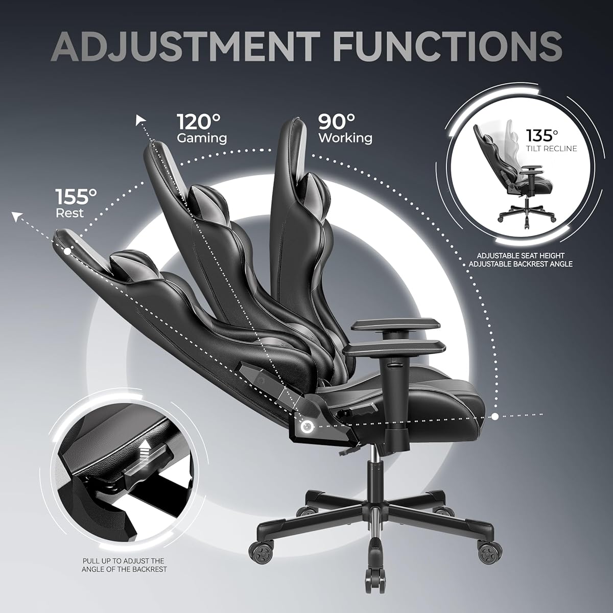 OneGame Gaming Chair Ergonomic, Racing Style PU Leather Game Chair, Adjustable Backrest Swivel Ergonomic Gamer Chair with Lumbar Support, Black&gray